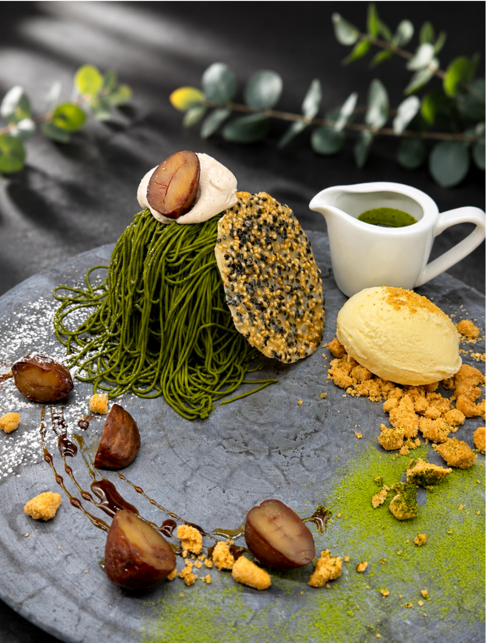 【期間限定】抹茶モンブランがけマロンプリンとバニラアイスクリーム〜濃抹茶ソース添え〜